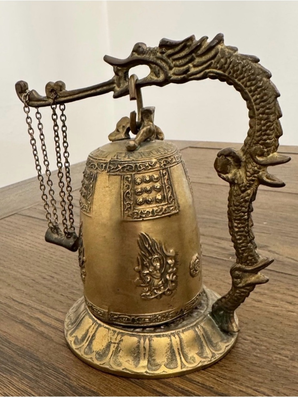 Vintage Chinese Brass Temple Gong Bell Held on Dragon Stand with Chain Hammer